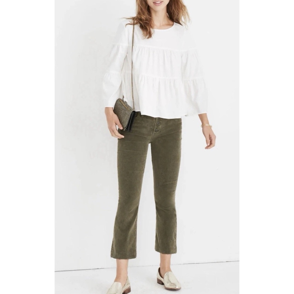 J. CREW PREMIUM BELL SLEEVE BABYDOLL TIERED TOP LARGE WHITE BUTTON UP BACK *MINT